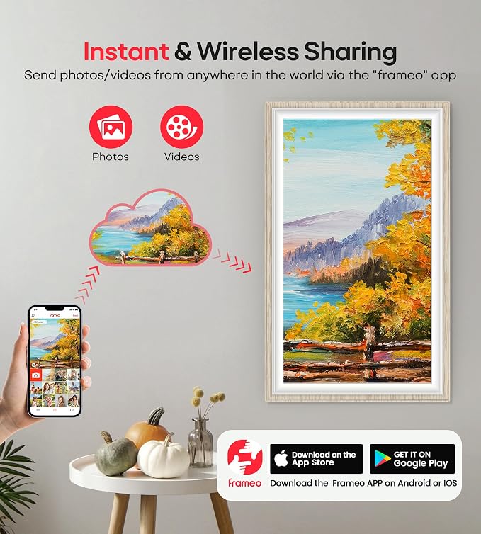 64GB Frameo 15.6" Digital Picture Frame Large 1920 x 1080 IPS FHD Touch Screen WiFi Electronic Photo Frames Share Moments Instantly Anywhere Best Gifts for Parents and Grandparents White Wood
