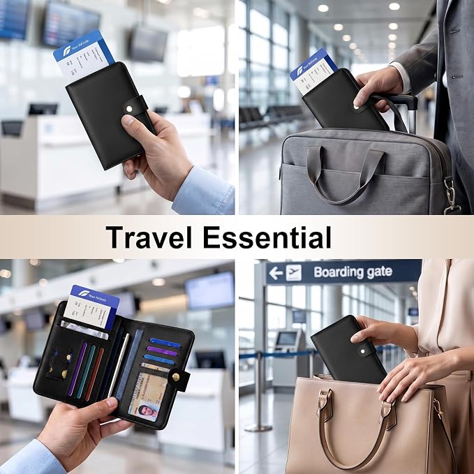 Travelambo Leather Passport Holder Cover Case, RFID Travel AirTag Wallet | Family Passport Wallet, RFID Blocking Credit Card Holder for Men & Women