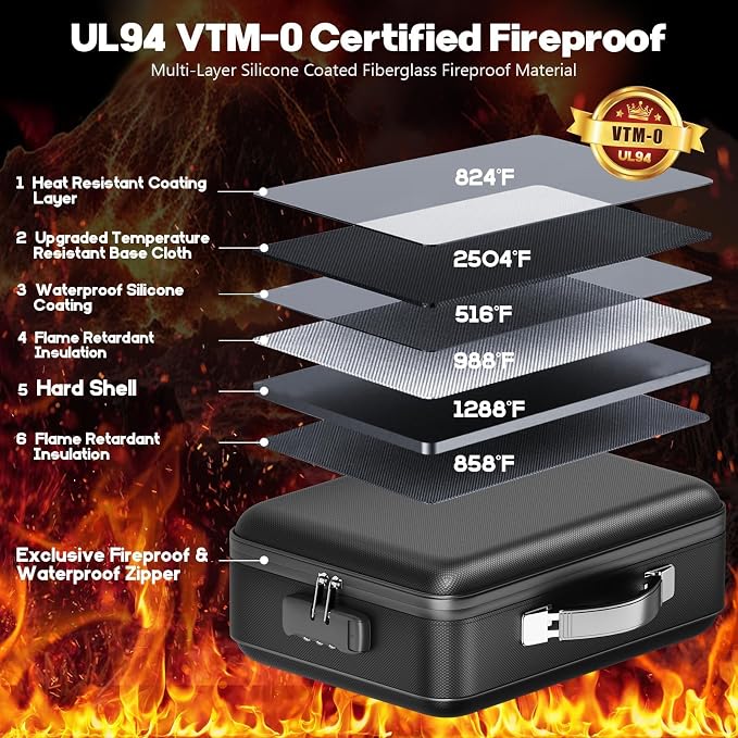 Fireproof Document Box, Hard Case Highly Flame-Resistant Fire Proof Waterproof File Organizer with Lock, Portable Fire Safe for Important Documents & Valuables Storage (Black, ‎15"*11"*5")