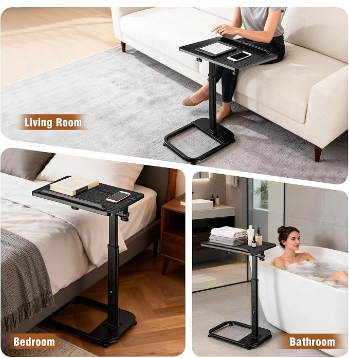 facka Adjustable Height TV Tray Table for Couch Eating, Laptop Small Spaces | C Shaped Flip-Top Couch Table, 9-Level 20-31 in Height Range, Rounded Corners, Sofa Side Table Black