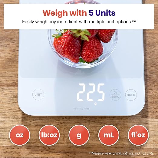 Etekcity 22lb Food Kitchen Scale, USB Rechargeable, IPX6 Waterproof | Digital scale with grams & ounces, 1g precision, 5 weight units, tare, ideal for baking and meal prep, White