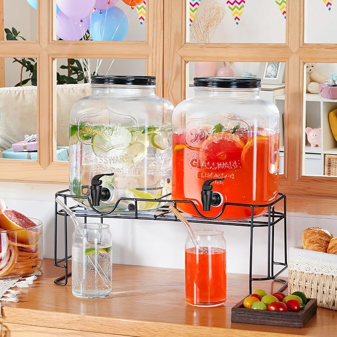 FavorFlavor 1.5 Gallon Drink Dispenser : 2P Glass Dispenser w/Metal Stand | Stainless Steel Spigot-Large Dispenser for Lemonade/Juice/Sun Tea/Drinks-Ideal for Home Gatherings&Parties