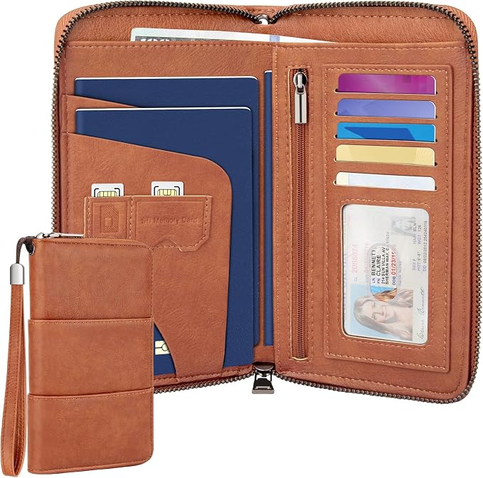 RFID Family Passport Holder Wallet - Travel Document Organizer | PU Leather, with Wristlet, Zipper, Cards, Boarding Pass, ID, Cash, Ticket Pockets,Travel Essentials Gifts for Women Men