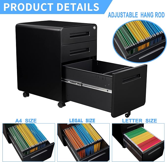 File Cabinet, 3 Drawer Filing Cabinets for Home Office with Lock Mobile Under Desk Fully Assembled Cabinet (Black)
