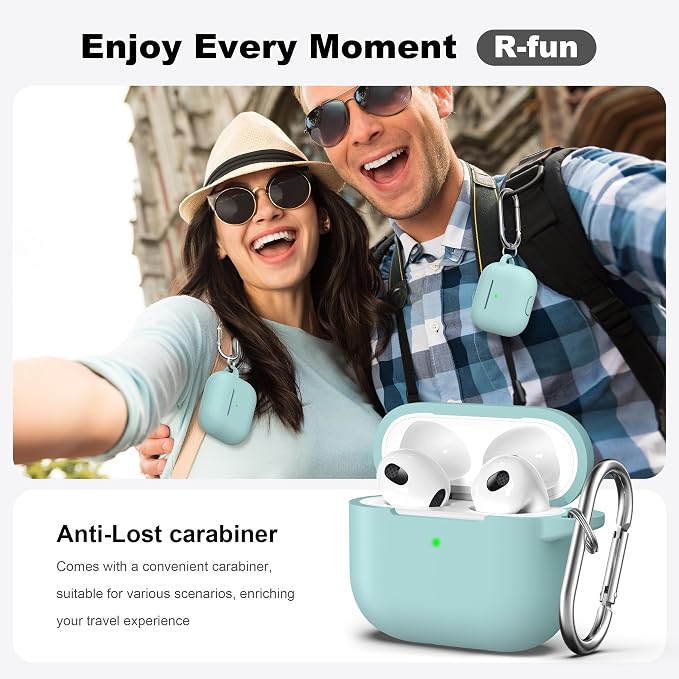 R-fun Compatible with AirPods 3 Case Cover, Silicone Protective Accessories Skin with Keychain Compatible with Apple AirPod 3rd Generation 2021 for Women Men Girls Boys,Front LED Visible,Turquoise