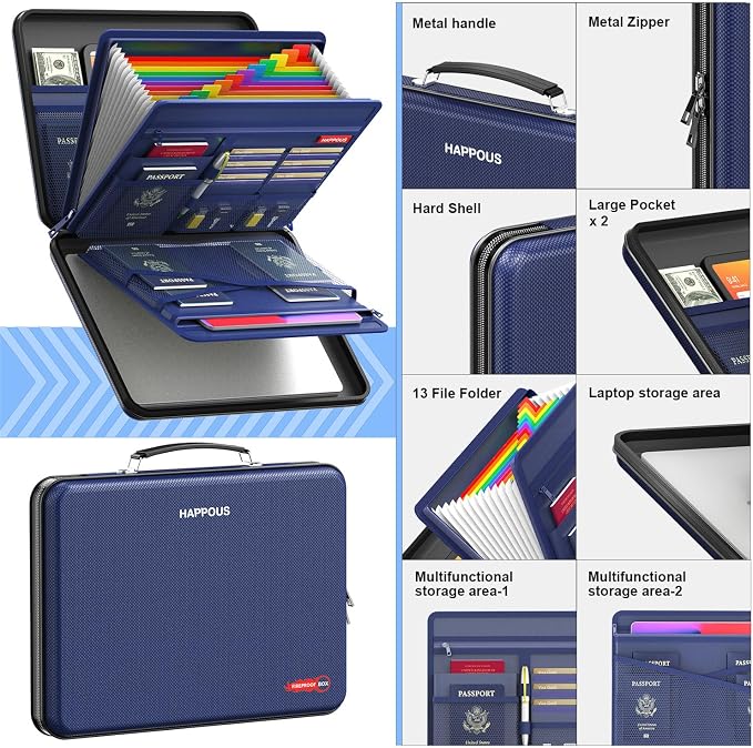Fireproof Document Organizer, Fireproof Document Box | Portable Hard-Shell Fireproof Document Organizer Storage for Documents Laptop Passports Cards Blue
