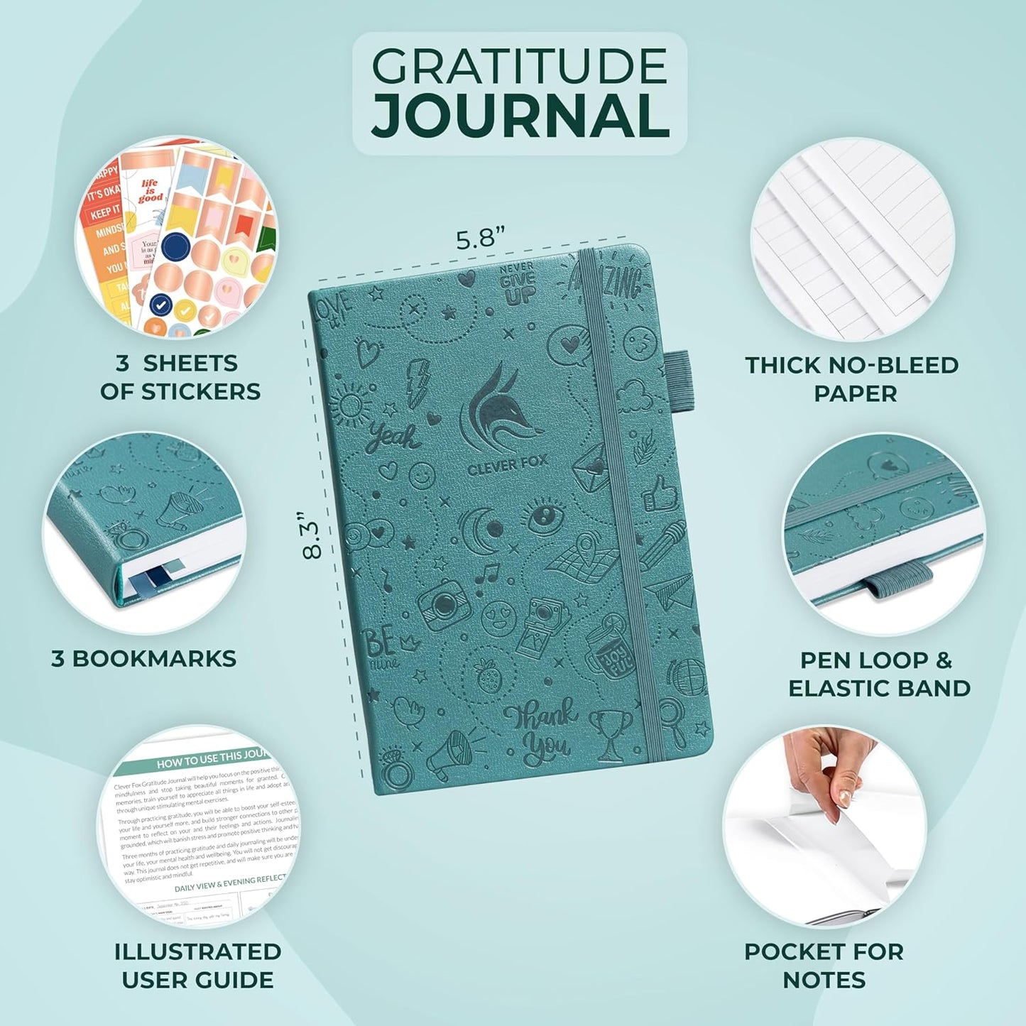 Clever Fox Gratitude Journal – Happiness, Positivity & Affirmation Daily Journal – Inspirational Daily Notebook – 3 Months, A5 (Aquamarine)