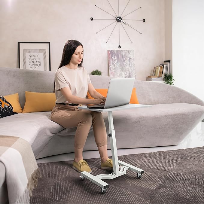 SHW Mobile Height Adjustable Laptop Rolling Cart w/Lockable Wheels, White | Height Adjustable from 28" to 33"