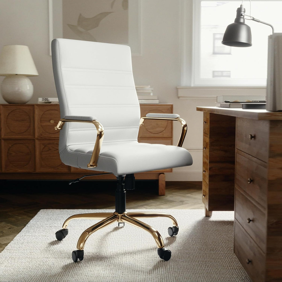 Flash Furniture Whitney Mid-Back Swivel LeatherSoft Desk Chair with Padded Seat and Armrests, Adjustable Height Padded Office Chair, 27"D x 26"W x 43"H, White/Gold