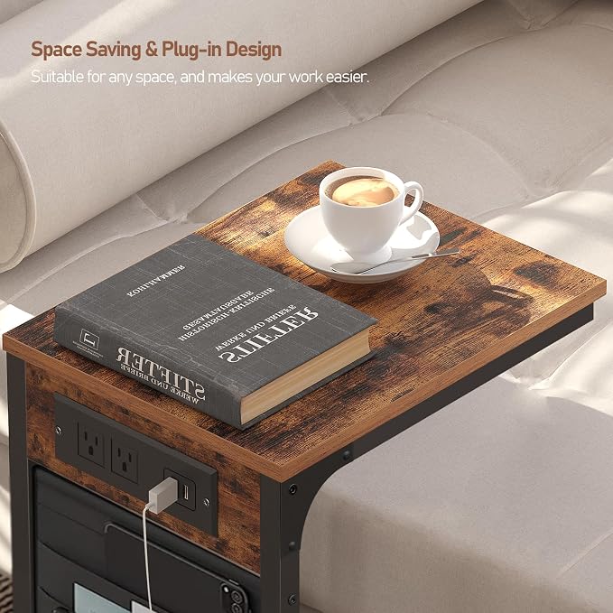 TUTOTAK C Shaped End Table with Charging Station, Side Table for Sofa | Couch Table with Storage Bag, TV Tray with 2 USB Ports and Outlets, Set of 2, Living Room and Bedroom, Brown TB01BB0242