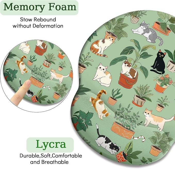 LIMKRIAN Cat Ergonomic Mouse Pad with Wrist Rest, Green Computer Mouse Pad | Non-Slip PU Base, Smooth Surface, Cooling Gel Eases Wrist Pain, Comfort Wrist Support, Cute Office Desk Accessories Decor