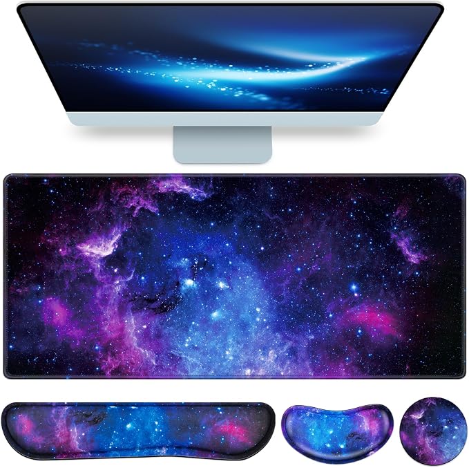 Mouse Pad Galaxy with Wrist Rest, 4-in-1 Large Mousepad Keyboard | Wrist Rest+Mouse Pad Wrist Support+Cup Pad Set,Ergonomic Mouse Pad,Memory Foam Desk Mat for Office Gaming(35.4×15.7in)