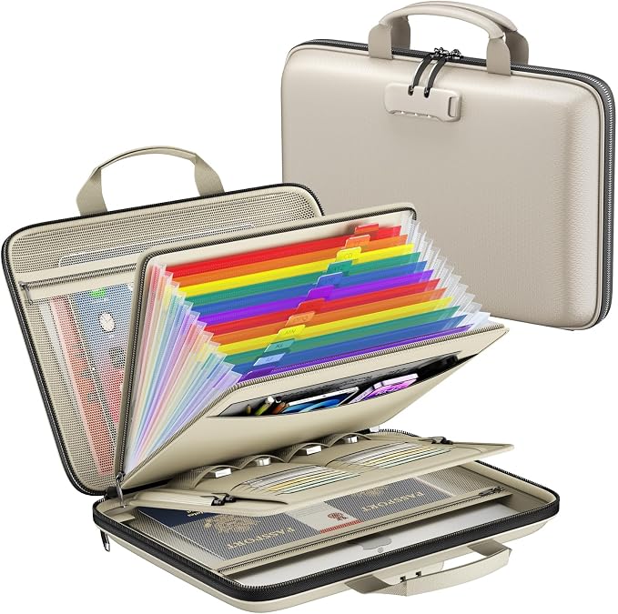 Fireproof File Organizer with Lock, Hard-Shell Document Box, Beige | Water Resistant, 13-Pocket Expanding Folder, Portable Safe Storage for Letter Legal Files, Laptop, Valuables, Large Capacity