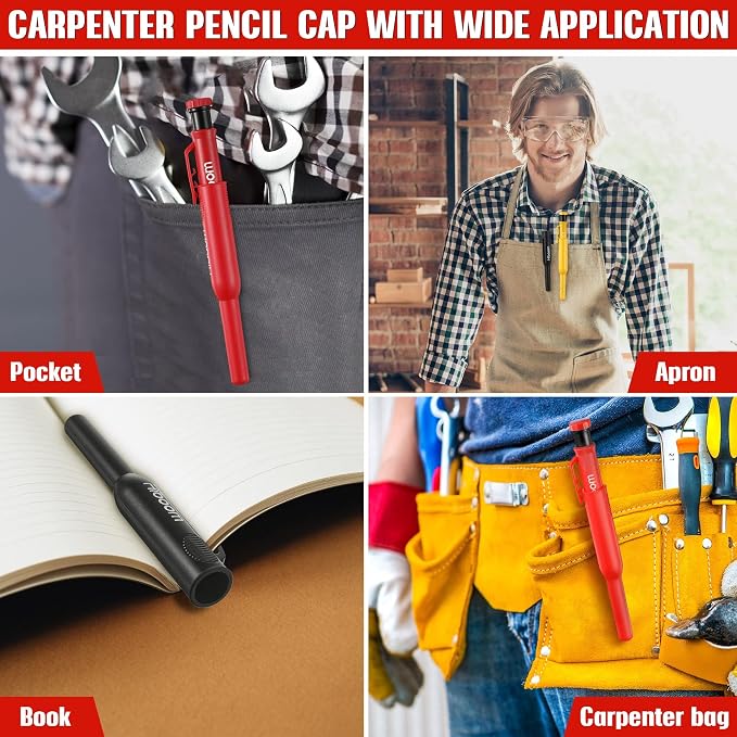 Hiboom 3 Pack Solid Carpenter Pencils with Pencil Cap and 21 Refills | Built-In Sharpener, Long Nose Deep Hole Marking, Protective Belt Caps, Mechanical Construction Pencil, Woodworking Tools