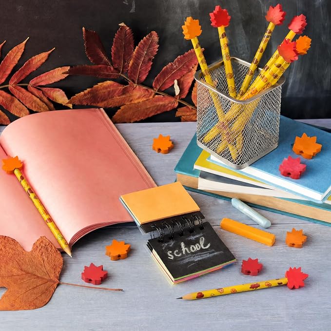 32 Pcs Maple Leaves Pencil with Eraser Autumn Party Favors Gifts Stationery Supplies for Classrooms Exchange Reward Prizes Home Office School Supplies(Red and Yellow)