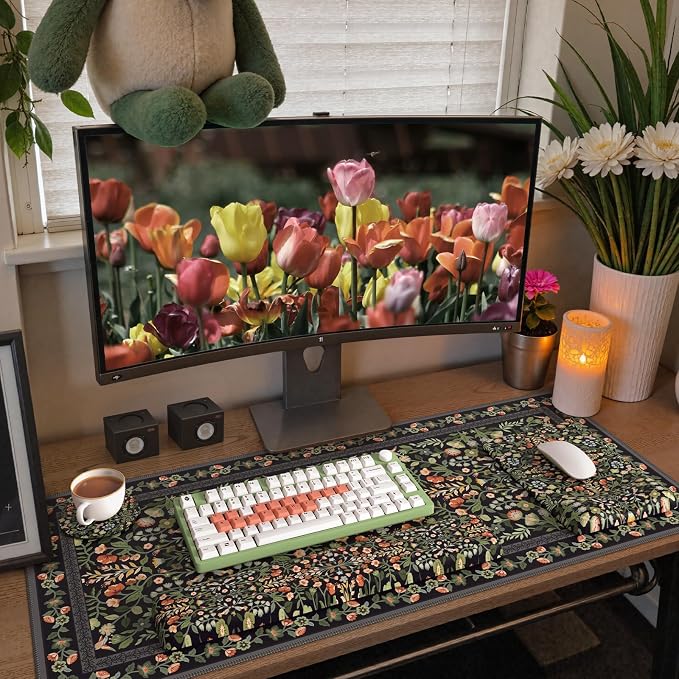 iCasso Mouse Pad with Wrist Rest,Ergonomic Large Desk Mat Set, Black | Keyboard Pad with Wrist Support, Non-Slip Mouse Mat for Women, Cute Floral Computer Mat for Home Office Gaming