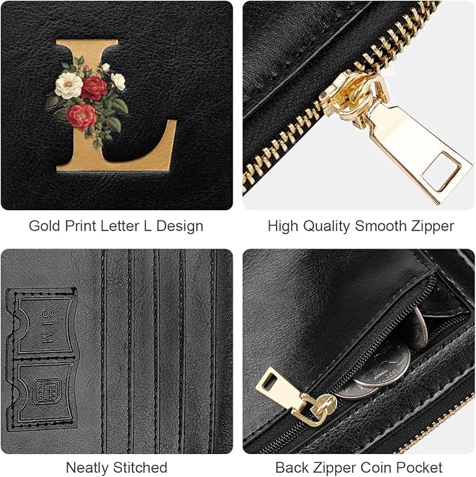 Passport Holder for Travel Personalized Wallet with Wristlet Women | Passport Cover, RFID Blocking, Passport Book Holders, Back Coin Pocket, Zipper Closure, Roses Initial Letter, Black L