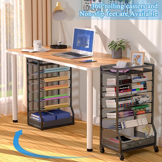 ThreeHio 7 Tier Rolling File Cart with Sliding Trays, Wood Metal File Organizer Beside Desk, Free-Standing File Holder, Paper Letter Tray Organizer Mesh Desk Organizer for Home Office School (Patent)