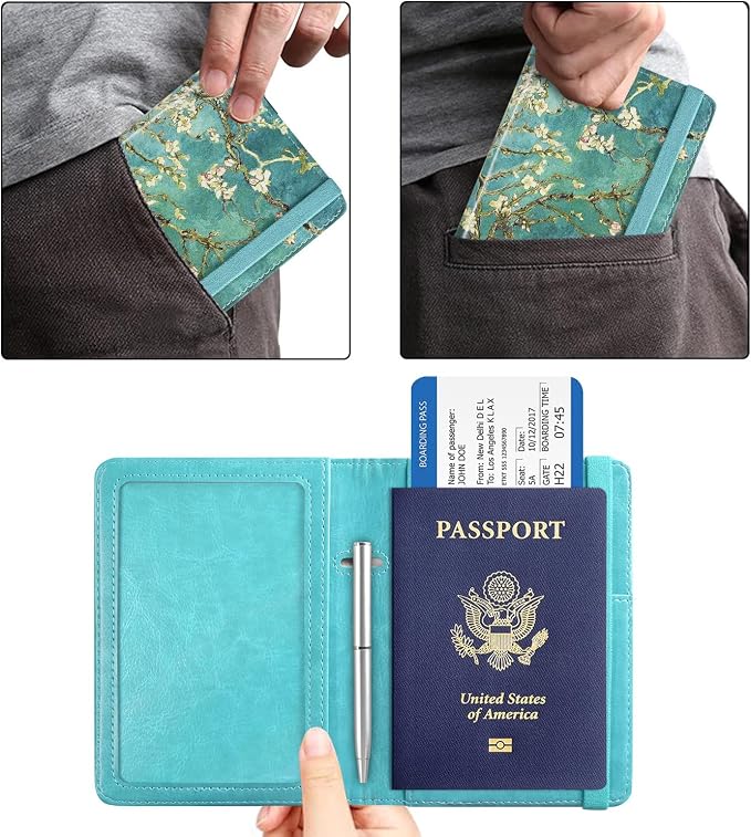 ACdream RFID BLOCKING Passport Holder Travel Wallet - Premium PU Leather Cover Passport book with Card Holder, Pen Slot, Keep Organization, and Travel Essentials for Women and Men, Blossom