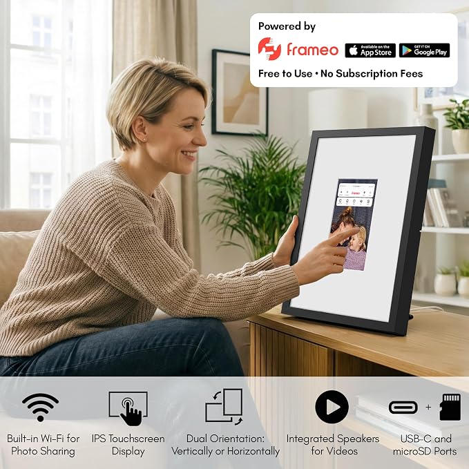 Americanflat 10.1" WiFi Digital Picture Frame in Real Matted 15x18 Frame - Touchscreen, Send Photos & Videos Via Frameo App - Wall or Tabletop - Gift for Grandparents - Black