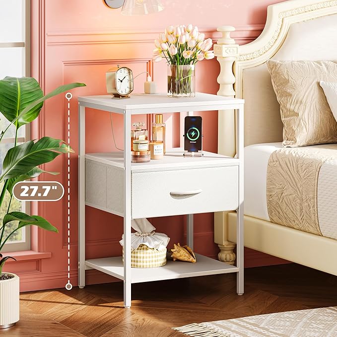 SUPERJARE Nightstand with Charging Station, USB-C Port, Bedside Table | 27.7 Inch Tall Nightstand with Adjustable Fabric Drawer, Large Dresser for Bedroom, Living Room, White