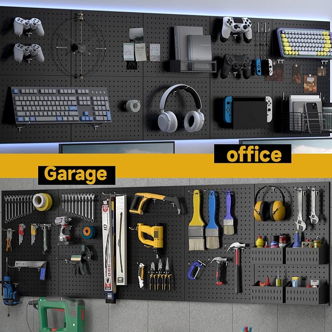 4-Pack Heavy-Duty Metal Pegboard Organizer Kit - 16"x12" Black Steel Wall Control Panels with 8 Hooks for Garage Tools, Craft Rooms, and Home Office Storage