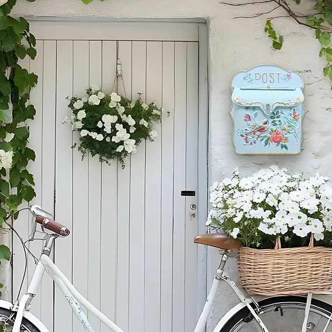 BIG FORTUNE Wall Mount Mailbox for House Outside Vintage Metal Door Mailbox Antique Style Nostalgic Charm Home Decor Garden Vintage English Cottage Decor Flower Patter(Blue)