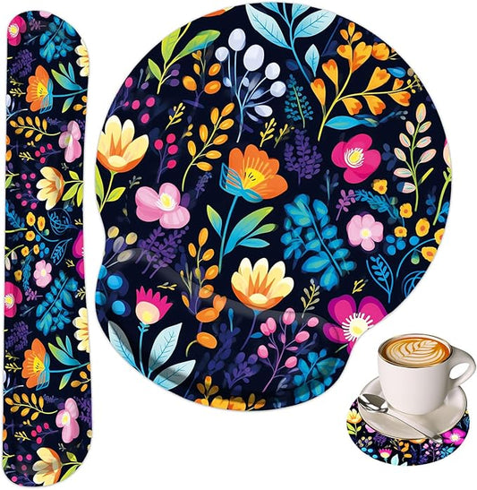 Keyboard Wrist Rest and Mouse Wrist Rest Pad with Cup Coaster,Made of Memory Foam,Ergonomic Support,Easy-Typing and Pain Relief,for Gaming Office Home Computer,Blooming Flower
