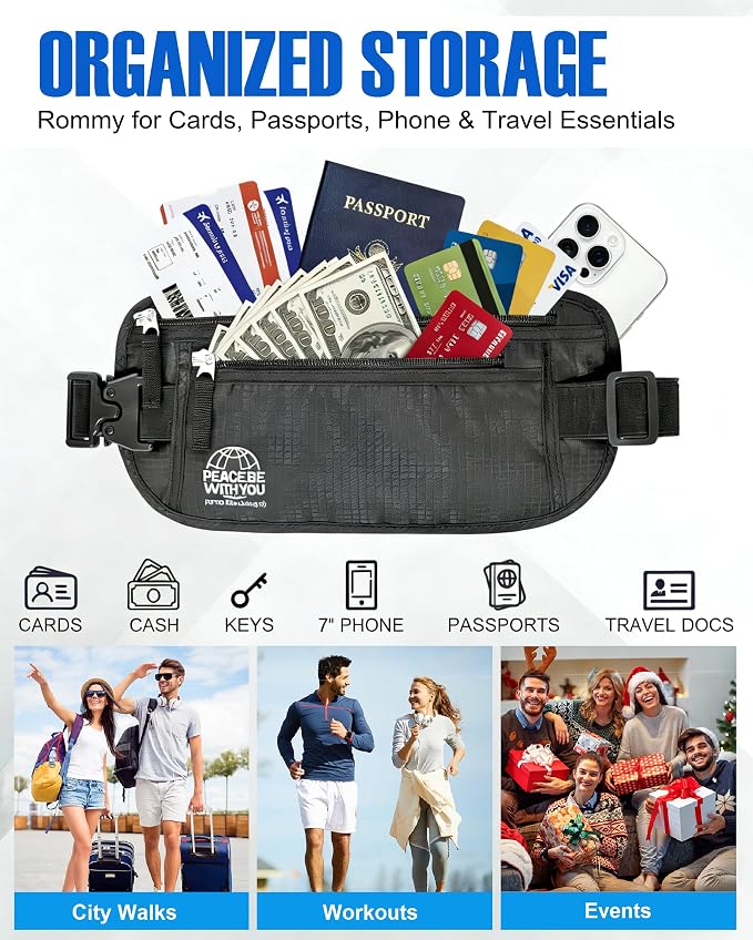 Money Belt for Travel, Passport Holder, RFID Blocking, Sweat-Proof, Black | 3rd Gen Hidden Waist Wallet Anti Theft to Protect Cash, Credit Cards and Documents Under-Clothes for Men & Women, Bamneat