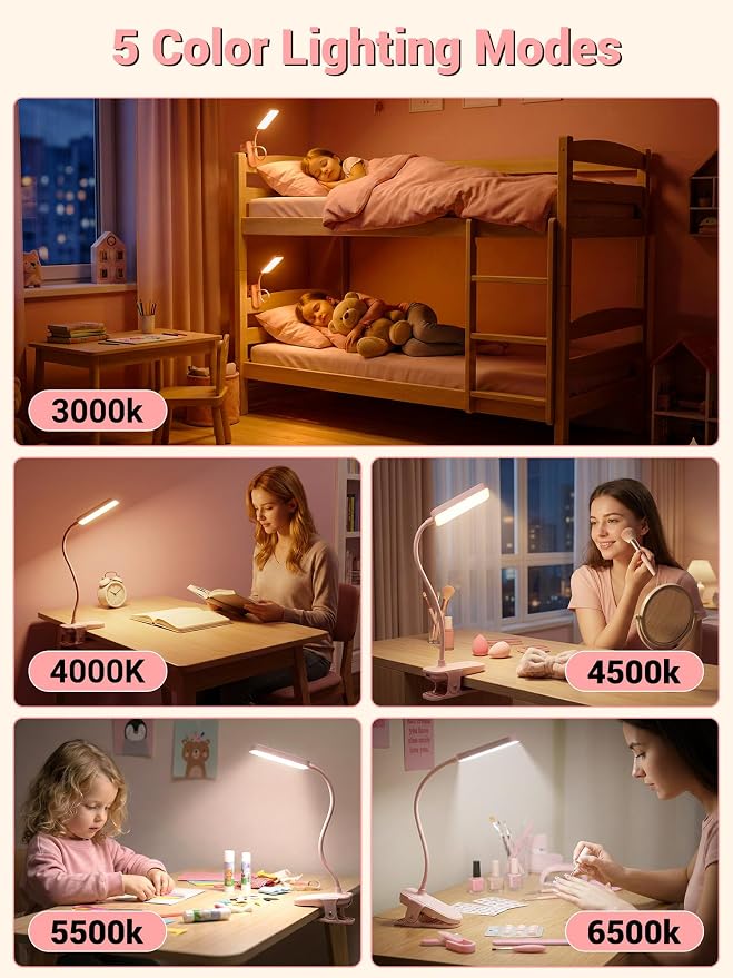 Pink Desk Lamp for Dorm Lamp, 9 Brightness+5 Color Clip on Light, Cute Lamp | 4000mAh Battery Rechargeable, Small Pink Lamp for Girls/Kids, Cordless Clip on Reading Light for Bed/Headboard/Bedside Table