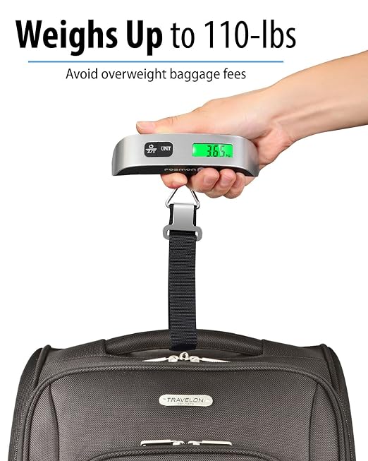 Fosmon Digital Luggage Scale, 110lbs Suitcase Baggage Scale, 1 Pack Silver | LCD Backlight Display, Temperature Sensor, Tare Function, Stainless Steel Heavy Duty, Hanging Suitcase Scale