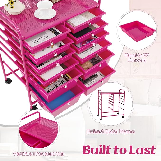 12 Drawer Rolling Storage Cart, Craft Cart Organizer on Wheels w/Metal Frame, Large Capacity & Smooth Drawer, Rolling Cart w/Drawers for Classroom, Office
