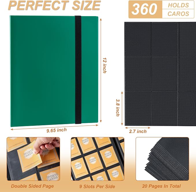 Card Binder 9 Pocket Storage 360 Card Binder,Trading Card Binder Senior and Sturdy Side-Loading Album,Intended For YuGiOh,MTG, TCG,Game Cards & Baseball Card Binde,(Green)