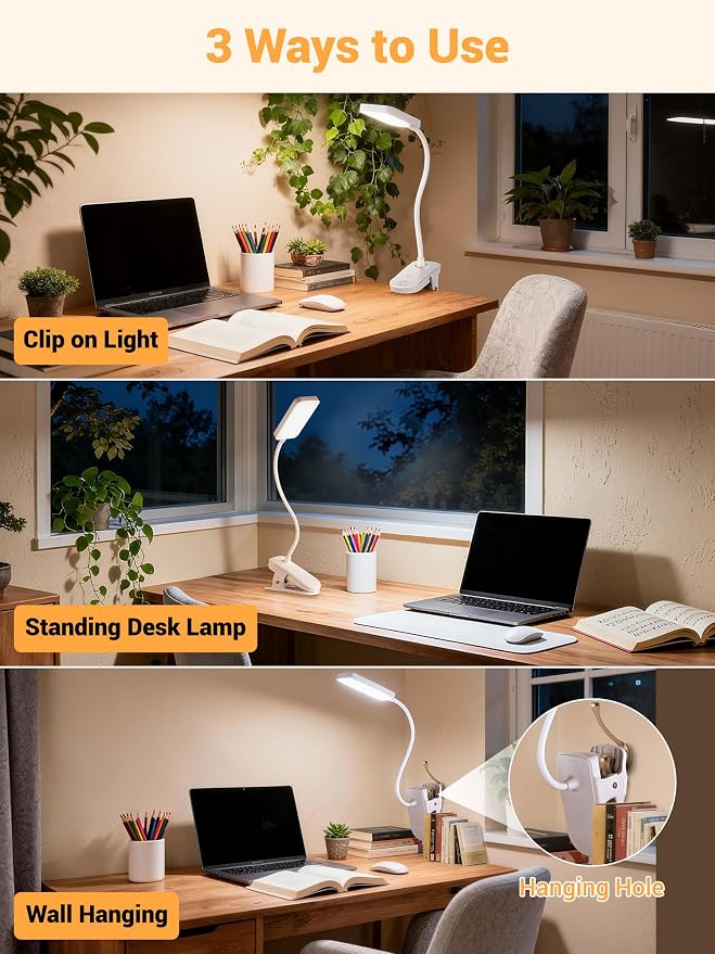 Clip on Lamp, 9 Brightness+5 Colors Reading Lights for Books in Bed Lamp | 4000mAh Battery Clip on Light,450 Lumen Rechargeable Desk Lamp for Dorm Lamp,Book Light for Reading in Bed Headboard/Bedside