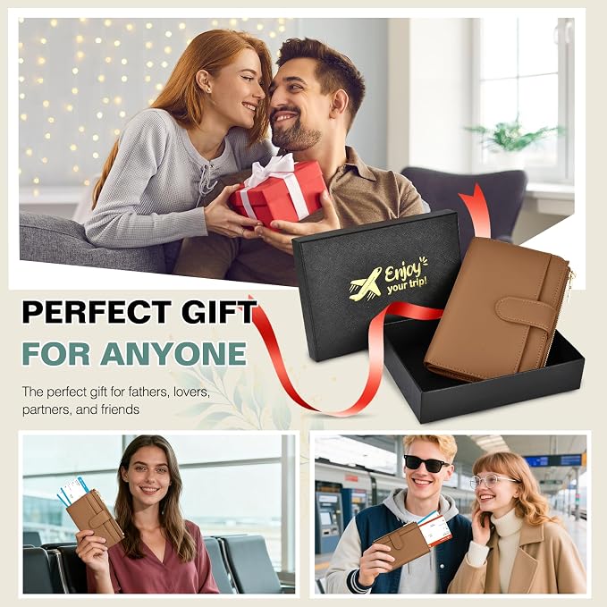 RFID Passport Holder for Travel, Leather Passport Wallet Cover with Airtag | with Airtag Slot, Card Cash Holders, Zippered Coins Pocket, for Women/Men, Gift Box, Travel Essentials, 4.1"L x 1"W x 6.3"H