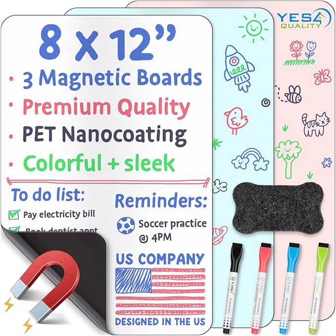 12x8” Magnetic Dry Erase Whiteboards Set for Fridge w/ 4 Markers & Eraser | Yes4Quality, 3 Multicolor White Board Sheets, Stain-Resistant, Sticks to Most Refrigerators, Colorful Markers, Magnet Eraser