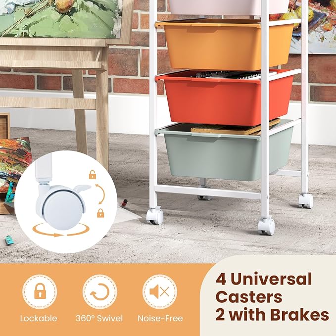 Giantex Rolling Storage Cart with 4 Drawers, Utility Cart w/Wooden Tabletop, Lockable Wheels, Multipurpose Organizer for Art Craft Scrapbook Paper, Drawer Carts for Dorm Classroom Office, Macaron