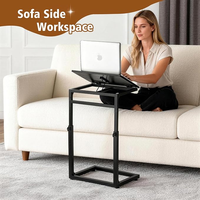 facka C Shaped TV Tray Table, Adjustable Height & 0-60° Tilt for Couch | C Table Sofa Side End Table with Stopper Ledge, Couch Table for Eating, Laptop, Reading & Small Spaces Black
