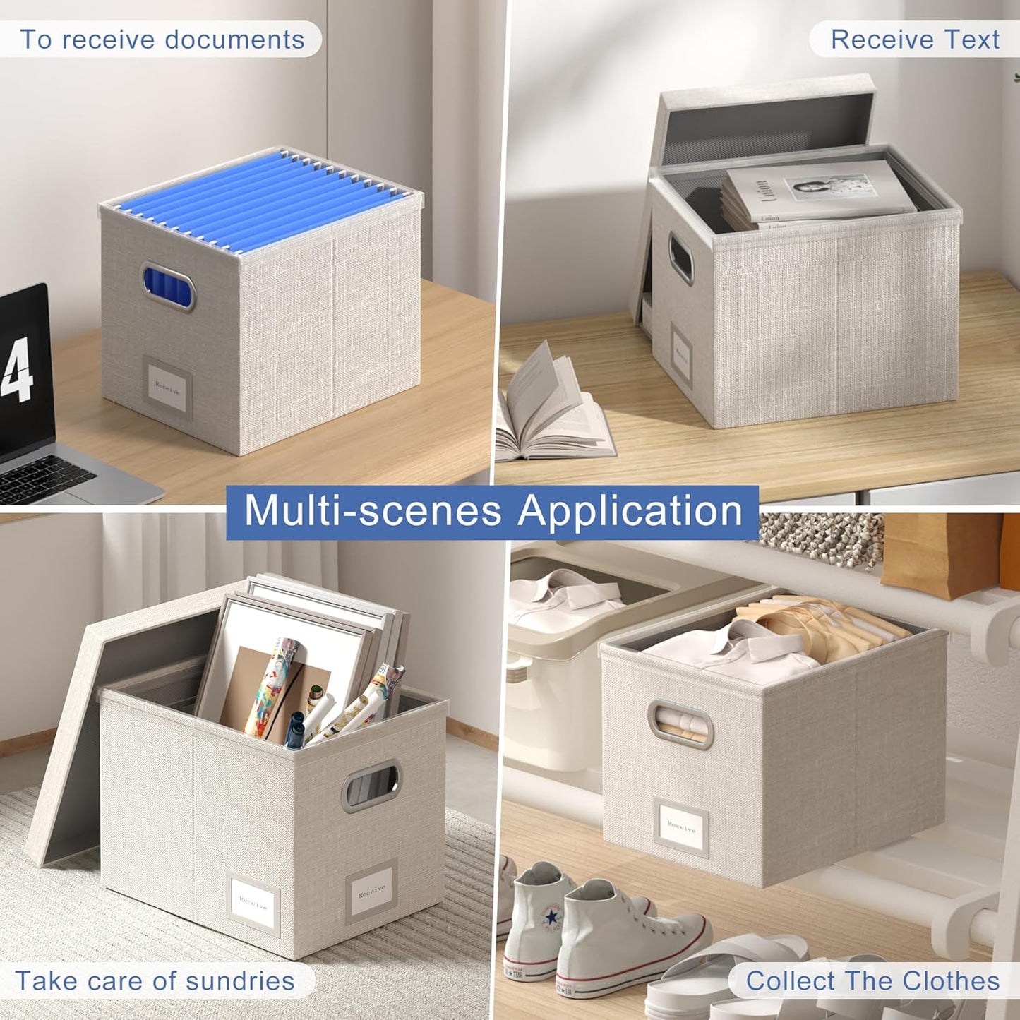 File Organizer Box File Boxes for Hanging Files with Lid Set of 3 Decorative Hanging Folders Organizer with One-Piece Plastic Frame Slides (13.2 * 10.1 * 10.1in(3Pack), Light Grey)