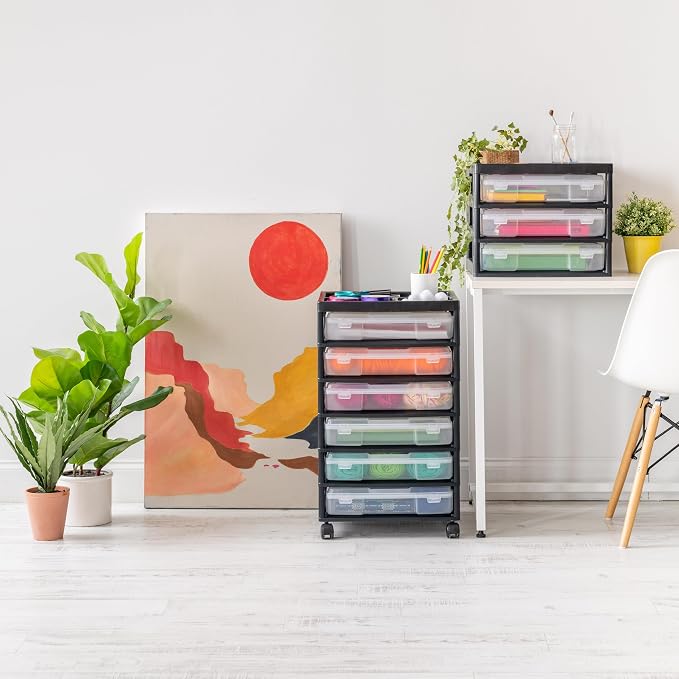 IRIS USA Rolling Cart with Drawers |Made in USA| 6-Tier Cases - Black/Clear | Fits 12"x12" Paper, Built-In Handles, Storage Unit with Supply Top for Craft, Art, Office Supplies, Pens & Pencils