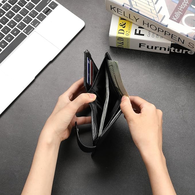 GAEKEAO Genuine Leather Wallets for Men with Zipper, RFID Blocking Mens Wallet with Coin Pouch, Bifold Wallet with 2 ID Windows in Gift Box, Billeteras de Hombres