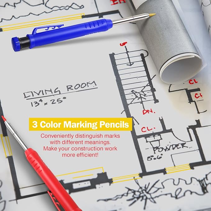 Hiboom 3 Pack Carpenter Pencil with 21 Refills (Blue, Red, Black) | Long Nosed Deep Hole Marker, Mechanical Pencil, Built in Sharpener, Marks Dark Surfaces, Construction Woodworking Tools