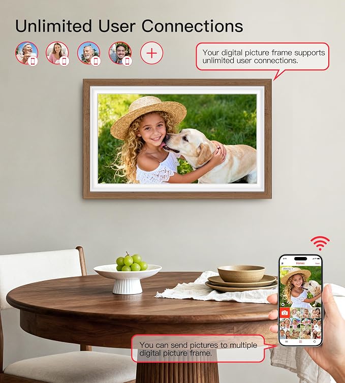 64GB Frameo 15.6" Digital Picture Frame Large 1920 x 1080 IPS FHD Touch Screen WiFi Electronic Photo Frames Share Moments Instantly Anywhere Best Gifts for Parents and Grandparents Solid Walnut