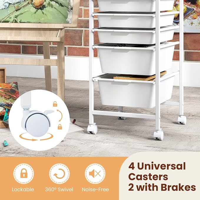 Giantex Rolling Storage Cart with 5 Drawers, Utility Cart w/Wooden Tabletop, Lockable Wheels, Multipurpose Organizer for Art Craft Books Paper, Drawer Carts for Dorm Classroom Office, White