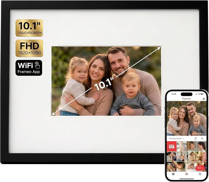 Americanflat 10.1" WiFi Digital Picture Frame in Real Matted 15x18 Frame - Touchscreen, Send Photos & Videos Via Frameo App - Wall or Tabletop - Gift for Grandparents - Black