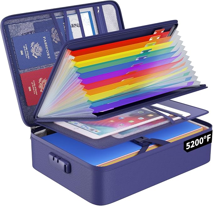 ENGPOW Fireproof File Organizer Bag with 13 Pockets Accordion File Folder | 5200℉ Document Organizer Box with Lock & Labels, Multi-Layer, Portable Home Safe Storage for Important Documents, Blue