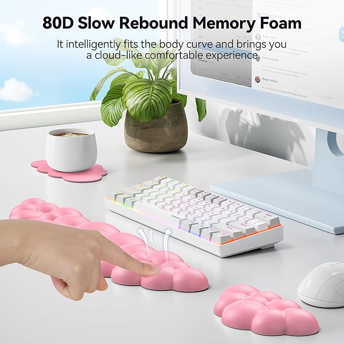 TECKNET Cloud Keyboard Wrist Rest Set, Cloud Wrist Rest with Non-Slip Base, PU Leather Wrist Pad for Keyboard with Ergonomic Memory Foam for Computer Laptop Office Gaming and Pain Relief, Dark Pink