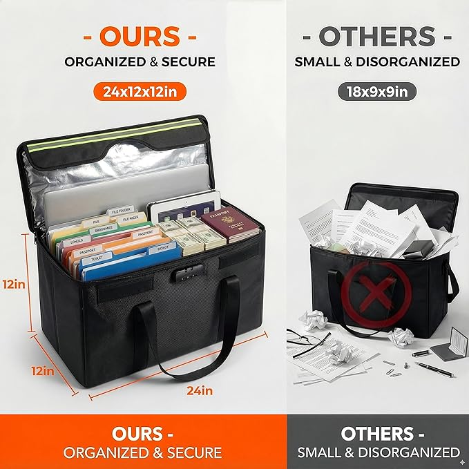 Large Fireproof File Box 24x12x12 inches, Used for Storing Valuable Items Such as Photo Albums and Cash. Large Fireproof File Box with Password Lock and Reflective Strip, Large Storage Capacity