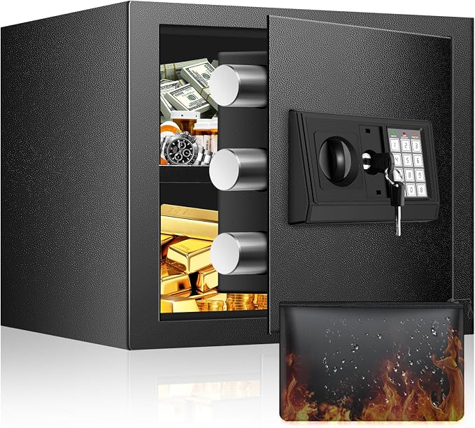 Home Safe Box, Safes with Fireproof Waterproof Bag, 9.84'' H Anti-Theft Digital Security Lock Box with Smart Alert System, Removable Shelf, Mute Function, Document Safes for Jewelry
