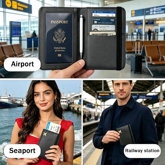 RFID Blocking Passport Holder for Travel – PU Leather Waterproof Lightweight Passport Cover Wallet for Women Men, Travel Organizer with Card Slots for Airline Tickets & Passport Book (Black)